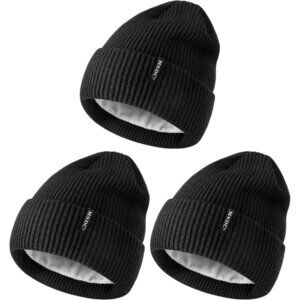 Women Black+black+black 3-Pack Winter Beanie Hats Fleece Lined Warm SkullCaps